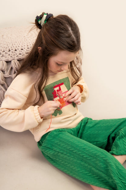 Vanilla Knit & Green Sweatshirt Set