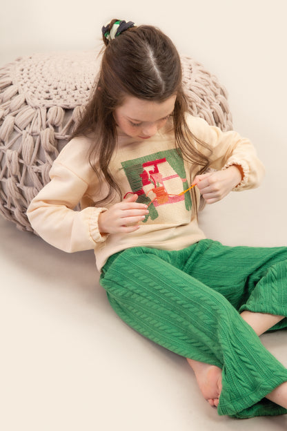 Vanilla Knit & Green Sweatshirt Set