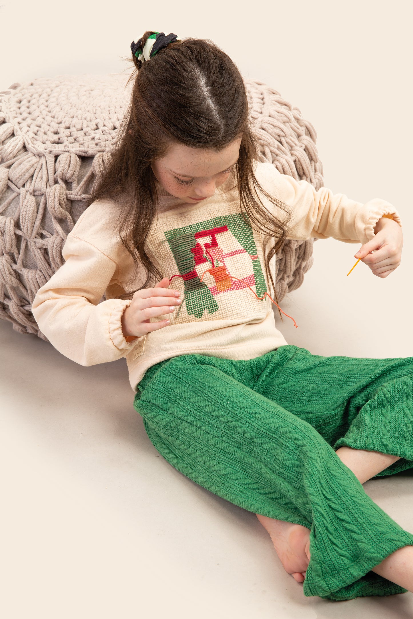 Vanilla Knit & Green Sweatshirt Set